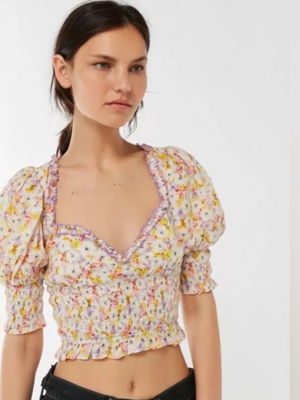 Urban Outfitters White Floral Smocked Puff-Sleeve Crop Top